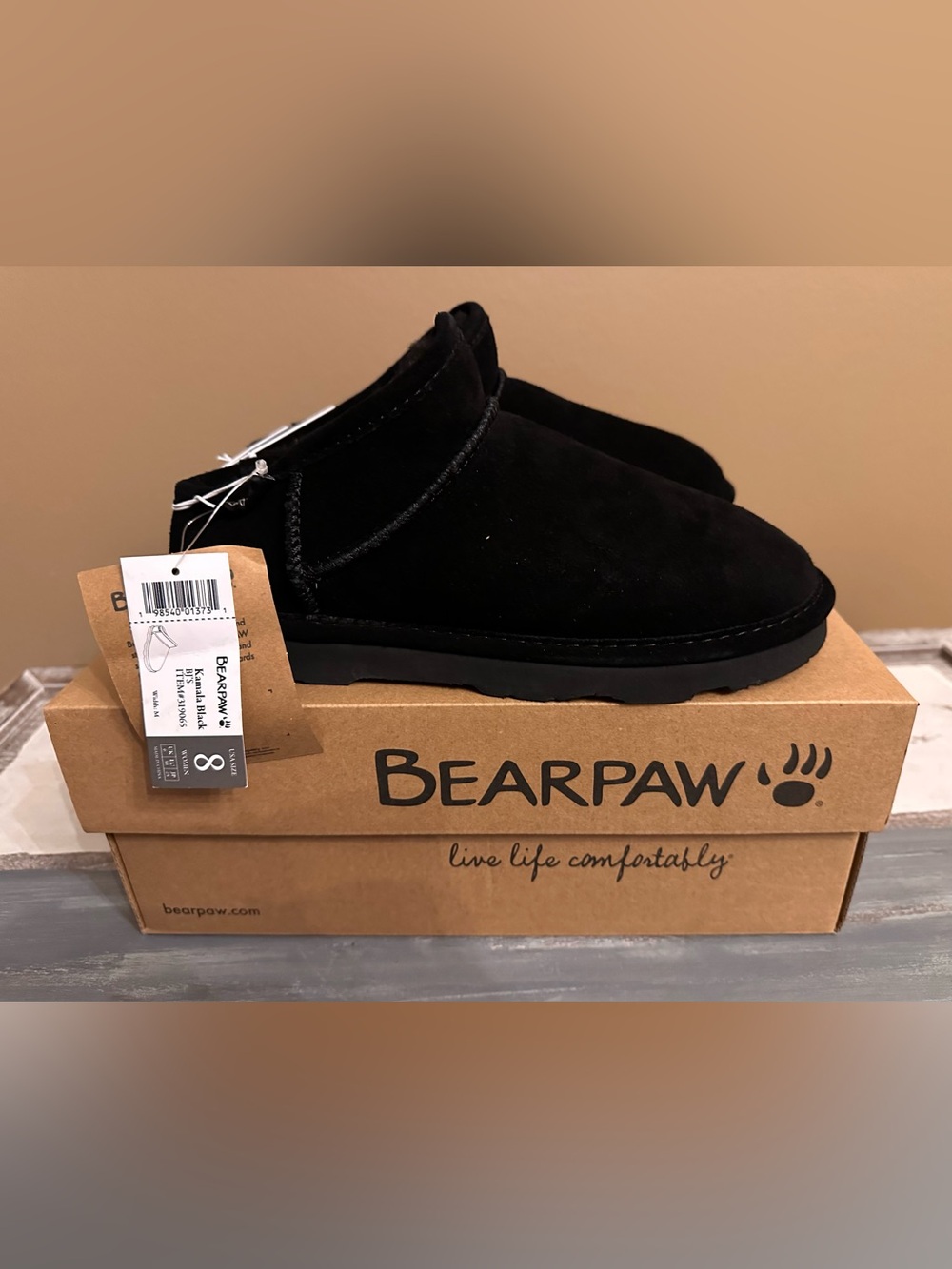 BEARPAW Kamala Black Suede Slippers Women’s Size 8 NWT Cozy Shearling Slip-On